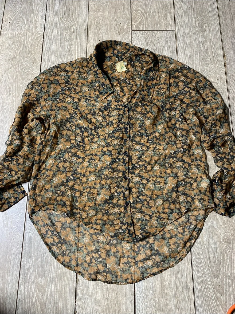 Free People Sheer Floral Print High Low Button Up Blouse Top Boho